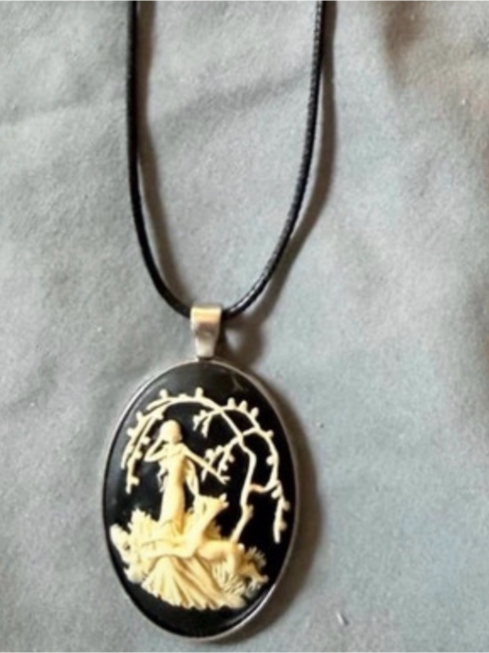 Black and Ivory Nymph Cameo Oval Pendant Necklace